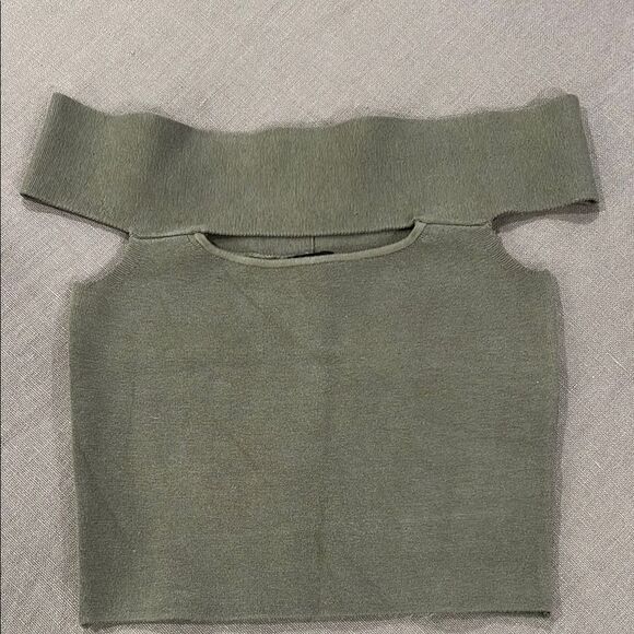 Olive Off-Shoulder Stretchy Crop Top - Picture 1 of 6